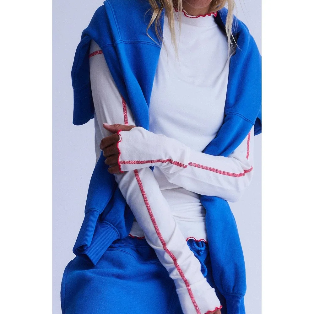 FP Movement Free People White Red Contrast Stitch Mock Neck Long Sleeve Top XL - Picture 9 of 9